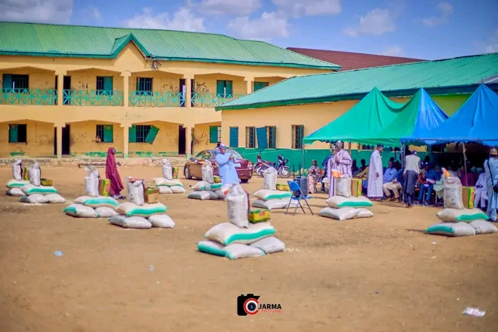 Food items arranged for distribution during a humanitarian assistance programme at Bindigari Primary School in Damaturu, Yobe State.