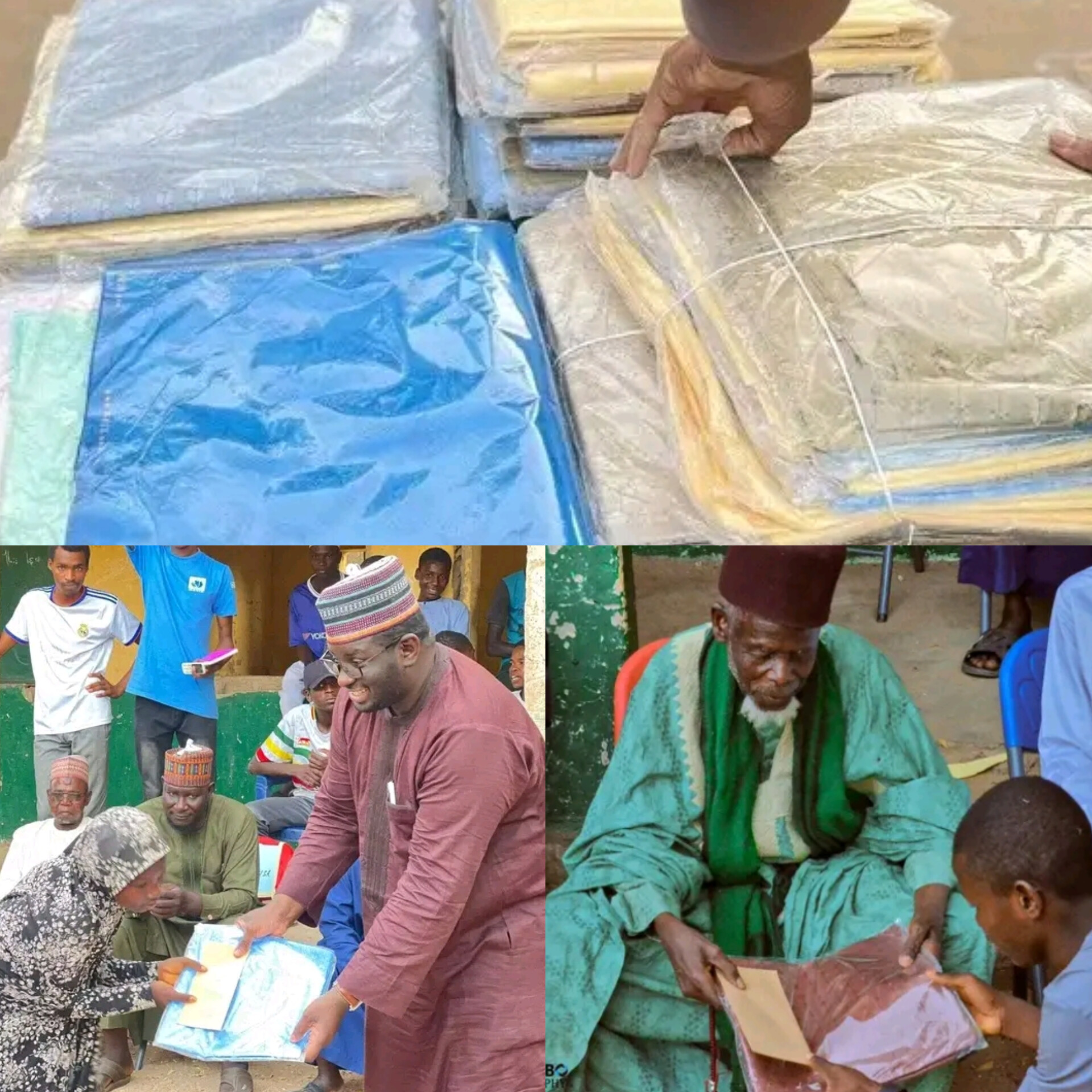 Food items arranged for distribution during a humanitarian assistance programme at Bindigari Primary School in Damaturu, Yobe State.